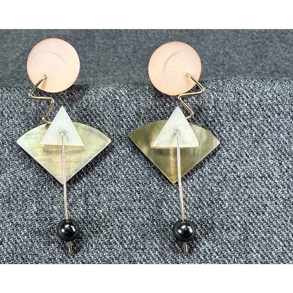 Vintage Artisan Made Abstract Post Modern Mixed Metal Earrings - Picture 1 of 6